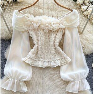 Top Vintage Victorian Off Shoulder Corset Style Long Bell Sleeve Coquette Girl